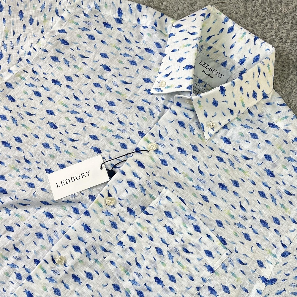 Ledbury Linen Shirt Men M White Fish Pattern Luxury Old Money Tailored Button Up